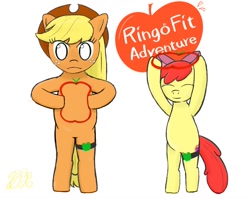 Size: 1356x1080 | Tagged: safe, artist:nomemint, apple bloom, applejack, earth pony, pony, g4, apple bloom's bow, applejack's hat, bow, cowboy hat, duo, duo female, female, filly, hair bow, hat, mare, pun, ring fit adventure, standing on two hooves