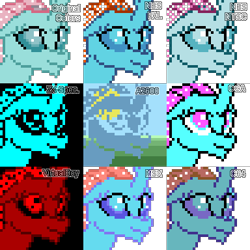 Size: 384x384 | Tagged: safe, artist:derek the metagamer, ocellus, changedling, changeling, g4, aseprite, atari 2600, cga, commodore 64, face, msx, nintendo entertainment system, palette swap, pixel art, recolor, solo, virtual boy, zx spectrum