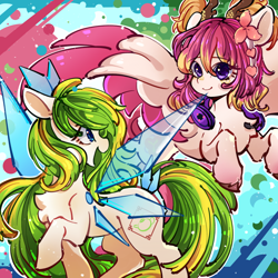 Size: 2048x2048 | Tagged: safe, artist:左左, oc, oc:tea fairy, oc:鹃煦, earth pony, kirin, pegasus, pony, earbuds, female, group photo, guangzhou, high res, kirin-ified, looking at each other, mare, mascot, open mouth, pegasus oc, shenzhen, smiling, smiling at each other, species swap, wings