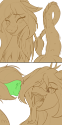 Size: 1000x2000 | Tagged: safe, artist:suspega, discord, oc, oc:anon, draconequus, human, g4, 2 panel comic, blushing, comic, eris, eyes closed, fangs, female, floppy ears, forked tongue, human prey, kitchen eyes, long tongue, maw, mawshot, open mouth, ponies eating humans, rule 63, simple background, simple coloring, sketch, smiling, soft vore, style emulation, sweat, tail bulge, tail maw, tongue out, vore, wavy mouth, white background
