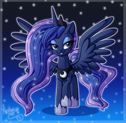 Size: 1347x1311 | Tagged: safe, artist:anthocat, princess luna, alicorn, pony, g4, cheek fluff, crown, female, jewelry, lidded eyes, mare, regalia, smiling, smug, smugluna, solo, spread wings, stars, wings