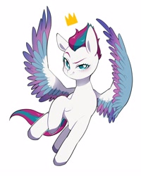 Size: 2000x2500 | Tagged: safe, artist:potetecyu_to, zipp storm, pegasus, pony, g5, crown, female, high res, jewelry, mare, regalia, simple background, smiling, smirk, solo, white background, zippsmirk