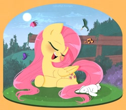 Size: 2404x2096 | Tagged: safe, artist:syrupyyy, fluttershy, bird, butterfly, hummingbird, pegasus, pony, rabbit, g4, animal, blushing, cute, eyes closed, female, high res, lying down, mare, music notes, open mouth, prone, shyabetes, singing, solo, stray strand