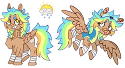 Size: 828x452 | Tagged: dead source, safe, artist:grumppanda, oc, oc only, oc:golden daze, pegasus, pony, bandage, bandaid, bandaid on nose, clothes, cutie mark, female, floppy ears, flying, goggles on head, grin, leg wraps, mare, neck fluff, raised leg, smiling, solo, spread wings, tongue out, uniform, wings, wonderbolts uniform