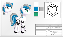 Size: 1191x705 | Tagged: safe, artist:zocidem, oc, oc only, oc:benzene, earth pony, pony, augmented, cutie mark, description, digital art, reference sheet, solo, transhumanism