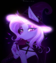 Size: 1125x1280 | Tagged: safe, artist:taleriko, trixie, unicorn, anthro, g4, abstract background, bust, choker, eyelashes, female, fingernails, hand, hat, lidded eyes, magic, mare, smiling, solo, witch hat