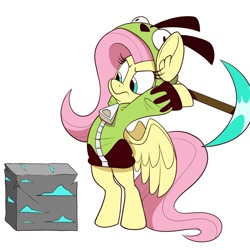 Size: 1200x1200 | Tagged: safe, artist:wutanimations, fluttershy, pegasus, pony, antonymph, cutiemarks (and the things that bind us), vylet pony, g4, animated at source, bipedal, clothes, crack, diamond ore, diamond pickaxe, fluttgirshy, gir, hoodie, invader zim, minecraft, mining, pickaxe, simple background, solo, spread wings, upload fail, white background, wings, zipper