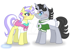 Size: 1280x871 | Tagged: safe, artist:purplepotato04, jet set, upper crust, pony, unicorn, g4, deviantart watermark, duo, female, male, mare, obtrusive watermark, shipping, simple background, stallion, straight, transparent background, upperset, watermark