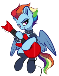 Size: 3010x3876 | Tagged: safe, artist:vetta, rainbow dash, pegasus, pony, g4, bass guitar, clothes, collar, ear piercing, earring, electric guitar, flying, guitar, high res, jewelry, music, musical instrument, older, older rainbow dash, piercing, punk, smiling, solo, spiked collar, spiked wristband, wings, wristband