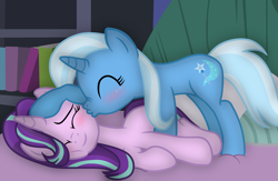 Size: 2945x1920 | Tagged: safe, artist:grapefruit-face, starlight glimmer, trixie, pony, unicorn, base used, bedroom, blushing, bookshelf, cheek kiss, cute, diatrixes, eyes closed, female, glimmerbetes, high res, hoof on head, kissing, lesbian, lying down, mare, shipping, show accurate, smiling, startrix