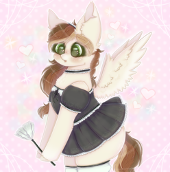 Size: 1000x1010 | Tagged: safe, artist:saltyvity, oc, oc only, pegasus, pony, choker, clothes, commission, cute, duster, fluffy, heart, heart eyes, maid, socks, solo, sparkles, thigh highs, uniform, wingding eyes