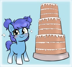 Size: 1818x1671 | Tagged: safe, artist:heretichesh, oc, oc only, oc:birthday cake, earth pony, pony, blue background, blushing, cake, cute, female, filly, food, gradient hooves, looking at you, ocbetes, pigtails, simple background, smiling, smiling at you, solo, sparkles