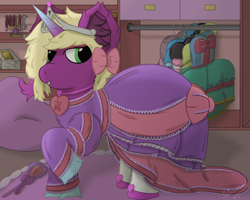 Size: 2500x2000 | Tagged: safe, artist:spiroudada, part of a set, oc, oc only, oc:velvet sky, pony, unicorn, series:velvet wardrobe reboot, bow, clothes, collar, crossdressing, cute, dress, dressing, high res, male, part of a series, pink, pink dress, shoes, smiling, solo, stallion, story included