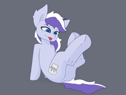 Size: 2216x1678 | Tagged: safe, artist:enzodoesart, oc, oc only, oc:frost berry, earth pony, pony, :p, dock, laid back, purple background, purple fur, purple hair, simple background, sitting, solo, tongue out, underhoof, white hair