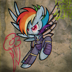 Size: 1280x1280 | Tagged: safe, artist:theratedrshimmer, rainbow dash, pegasus, pony, g4, alternate timeline, amputee, apocalypse dash, badass, blood, crystal war timeline, determined, graffiti, grand theft auto, gta san andreas, scar, torn ear