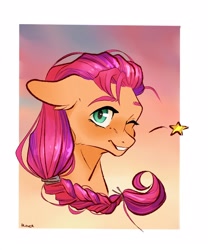 Size: 1800x2160 | Tagged: safe, artist:rover, artist:rrrover, sunny starscout, earth pony, pony, g5, braid, bust, cute, digital art, looking at you, one eye closed, portrait, postcard, smiling, smiling at you, solo, stars, sunnybetes, sunset, wink, winking at you