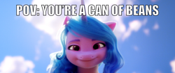 Size: 750x314 | Tagged: safe, edit, edited screencap, screencap, izzy moonbow, pony, unicorn, g5, my little pony: a new generation, spoiler:my little pony: a new generation, 3d, beans, food, izzy's beans, looking at you, meme, offscreen character, pov, that pony sure does love beans, this will end in beans, this will end in murder