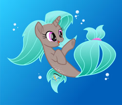 Size: 1280x1104 | Tagged: safe, artist:amjcreations, oc, oc only, pony, seapony (g4), unicorn, base used, blue background, blue mane, bubble, dorsal fin, female, fish tail, flowing tail, horn, ocean, open mouth, purple eyes, seaponified, simple background, smiling, solo, species swap, tail, underwater, water