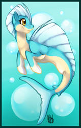 Size: 377x593 | Tagged: safe, artist:drackana, oc, oc only, merpony, seapony (g4), bubble, crepuscular rays, dorsal fin, fish tail, flowing tail, ocean, signature, smiling, solo, sunlight, swimming, tail, underwater, water, yellow eyes