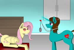 Size: 1024x692 | Tagged: safe, artist:zeronitroman, fluttershy, oc, oc:nurse hypno heart, pegasus, pony, unicorn, g4, checkup, hypnosis, hypnotherapy, levitation, lying down, magic, pendulum swing, prone, stethoscope, swirly eyes, telekinesis