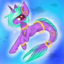 Size: 768x768 | Tagged: safe, artist:neisha-art, oc, oc only, fish, merpony, pony, seapony (g4), unicorn, bubble, deviantart watermark, dorsal fin, fish tail, flowing tail, green mane, horn, jewelry, necklace, obtrusive watermark, ocean, pearl necklace, red eyes, regalia, seaponified, smiling, solo, species swap, swimming, tail, underwater, water, watermark