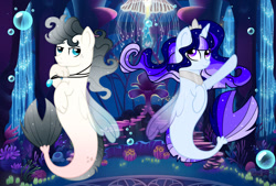 Size: 1280x865 | Tagged: safe, artist:watermeloo3, oc, oc only, jellyfish, pegasus, pony, seapony (g4), unicorn, blue eyes, blue mane, bubble, coral, dorsal fin, female, fin wings, fish tail, flowing mane, flowing tail, horn, jewelry, necklace, ocean, purple eyes, seaponified, seaquestria, seaweed, species swap, tail, throne, throne room, underwater, water, wings