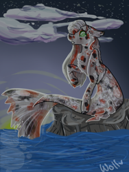 Size: 2448x3264 | Tagged: safe, artist:wolfofmagicwings, oc, oc only, merpony, seapony (g4), bubble, chest fluff, cloud, dorsal fin, fish tail, flowing tail, green eyes, high res, morning, night, ocean, rock, signature, sitting, sky, solo, stars, tail, water
