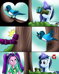 Size: 1280x1614 | Tagged: safe, artist:jerrydestrtoyer, aria blaze, oc, oc:spiral swirl, bird, pony, unicorn, equestria girls, g4, angry, bird watching, comic, cross-popping veins, glowing horn, horn, kicking