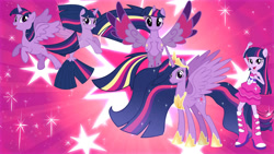 Size: 1280x720 | Tagged: safe, artist:yusakupham7, twilight sparkle, alicorn, pony, seapony (g4), unicorn, equestria girls, g4, my little pony equestria girls, the last problem, bare shoulders, boots, clothes, crown, ethereal mane, female, fish tail, flowing mane, flowing tail, hoof shoes, horn, jewelry, older, older twilight, older twilight sparkle (alicorn), open mouth, open smile, princess twilight 2.0, purple eyes, regalia, shoes, simple background, skirt, sleeveless, smiling, solo, spread wings, starry mane, strapless, tail, twilight sparkle (alicorn), wings