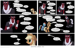 Size: 2400x1553 | Tagged: safe, artist:deusexequus, applejack, lord tirek, rainbow dash, centaur, earth pony, pegasus, pony, taur, comic:fix, g4, a better ending for tirek, applebutt, black background, butt, comic, dialogue, female, male, mare, plot, simple background, speech bubble, talking