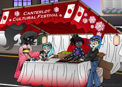 Size: 1063x752 | Tagged: safe, artist:lavenderrain24, oc, oc:blissful trance, oc:ebony darkness, oc:rym, oc:shadow dancer, equestria girls, g4, booth, clothes, festival, food, kimono (clothing), origami, origami crane, sushi, teaching