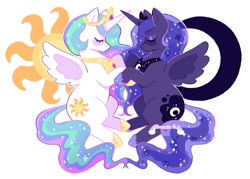 Size: 1200x861 | Tagged: safe, artist:sodabonnie, princess celestia, princess luna, alicorn, pony, g4, backwards cutie mark, crescent moon, cute, duo, eyes closed, female, horn, horns are touching, jewelry, mare, moon, profile, regalia, royal sisters, siblings, simple background, sisters, spread wings, sun, white background, wings