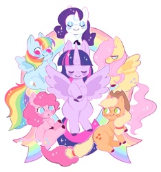 Size: 1125x1200 | Tagged: safe, artist:sodabonnie, applejack, fluttershy, pinkie pie, rainbow dash, rarity, twilight sparkle, alicorn, earth pony, pegasus, pony, unicorn, g4, colored hooves, cute, eyes closed, female, hair over one eye, mane six, mare, no pupils, rainbow, smiling, spread wings, twilight sparkle (alicorn), wings