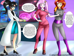 Size: 1024x768 | Tagged: safe, artist:attentte, fleur-de-lis, sunset shimmer, oc, oc:kara kaden, equestria girls, g4, catsuit, checkup, clothes, commission, headband, mind control, nurse, nurse fleur, scrubs (gear), stethoscope, swirly eyes