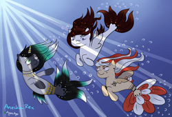 Size: 2800x1900 | Tagged: safe, artist:ageeage, oc, oc only, pegasus, pony, seapony (g4), unicorn, bubble, crepuscular rays, dorsal fin, fin wings, fish tail, flowing mane, flowing tail, horn, looking at each other, ocean, seaponified, signature, smiling, species swap, sunlight, swimming, tail, underwater, water, wings