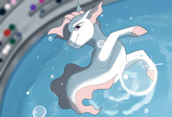Size: 1280x871 | Tagged: safe, artist:witchtype, oc, oc only, sea pony, seapony (g4), bubble, dorsal fin, fins, looking up, pink mane, smiling, solo, swimming pool, water