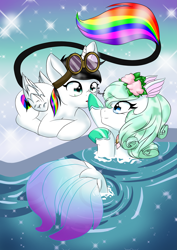 Size: 2059x2912 | Tagged: safe, artist:eternalcherryblossom, oc, oc only, oc:lightning bliss, alicorn, pony, seapony (g4), black mane, blue eyes, boop, eyelashes, female, fish tail, flower, flower in hair, flowing tail, glasses, green mane, high res, horn, ice, looking at each other, lying down, multicolored hair, open mouth, smiling, snow, sparkles, tail, water, wings