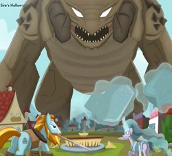 Size: 3385x3067 | Tagged: safe, artist:lordshrekzilla20, mistmane, rockhoof, earth pony, kaiju, pony, unicorn, fanfic:the one true king, g4, boulder, butt, fanfic art, godzilla (series), high res, levitation, magic, male, methuselah, plot, sire's hollow, stallion, telekinesis