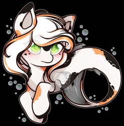 Size: 1257x1280 | Tagged: safe, artist:taiganotengoku, edit, oc, oc only, merpony, seapony (g4), black background, blushing, bubble, fish tail, flowing tail, green eyes, logo, logo edit, simple background, solo, tail, watermark