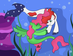 Size: 3850x2975 | Tagged: safe, artist:doodle-hooves, oc, oc only, oc:doodle hooves, oc:patriot power, earth pony, pegasus, pony, seapony (g4), blushing, bubble, dorsal fin, eyes closed, fish tail, flowing tail, green eyes, high res, looking at each other, ocean, seaponified, seaweed, smiling, solo, species swap, swimming, tail, underwater, unshorn fetlocks, water, wings