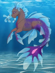 Size: 970x1280 | Tagged: safe, artist:cookiekate3, oc, oc only, hybrid, merpony, seapony (g4), blue mane, colored pupils, crepuscular rays, dorsal fin, fins, fish tail, flowing mane, flowing tail, gills, ocean, purple eyes, smiling, solo, sunlight, swimming, tail, underwater, water