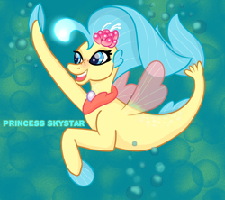 Size: 1668x1484 | Tagged: safe, artist:kiss-cute, princess skystar, seapony (g4), g4, my little pony: the movie, bioluminescent, blue background, blue eyes, blue mane, bubble, dorsal fin, eyelashes, female, fin wings, fins, fish tail, flower, flower in hair, flowing tail, freckles, glowing, happy, high five, jewelry, necklace, open mouth, open smile, pearl, pearl necklace, simple background, smiling, solo, swimming, tail, teeth, underwater, wings