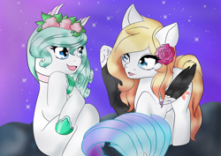 Size: 2912x2059 | Tagged: safe, artist:eternalcherryblossom, oc, oc only, pony, seapony (g4), blue eyes, contest entry, eyelashes, feather, female, fish tail, flower, flower in hair, flowing tail, high res, hoof shoes, jewelry, looking at each other, necklace, night, open mouth, open smile, orange mane, sitting, sky, smiling, stars, tail, wings