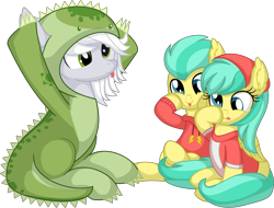 Size: 8189x6236 | Tagged: safe, artist:cyanlightning, barley barrel, pickle barrel, oc, oc:fossil fluster, earth pony, pegasus, pony, g4, .svg available, animal costume, animal onesie, boop, clothes, colt, costume, derp, dinosaur costume, female, filly, foalsitting, folded wings, hoodie, kigurumi, male, mare, onesie, self-boop, sitting, tongue out, vector, wings