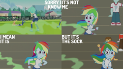 Size: 1280x720 | Tagged: safe, edit, edited screencap, editor:quoterific, screencap, curly winds, rainbow dash, some blue guy, tennis match, equestria girls, g4, my little pony equestria girls: better together, sock it to me, sock it to me: bulk biceps, blushing, female, male, open mouth