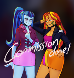 Size: 3000x3169 | Tagged: safe, artist:afyillustration, sonata dusk, sunset shimmer, equestria girls, g4, blushing, breasts, cleavage, clothes, commission, disguise, disguised siren, female, flower, flower in mouth, high res, jacket, leather jacket, lesbian, mouth hold, obtrusive watermark, ponytail, rose, ship:sunata, shipping, skirt, watermark