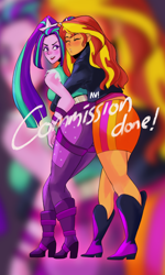Size: 3000x5000 | Tagged: safe, artist:afyillustration, aria blaze, sunset shimmer, equestria girls, g4, blushing, boots, clothes, commission, disguise, disguised siren, female, high heel boots, hug, hug from behind, jacket, jeans, kissy face, leather jacket, lesbian, obtrusive watermark, pants, pigtails, shipping, shoes, skirt, sleeveless, sunblaze, twintails, watermark