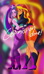 Size: 3000x5000 | Tagged: safe, artist:afyillustration, aria blaze, sunset shimmer, equestria girls, g4, blushing, boots, clothes, commission, disguise, disguised siren, female, high heel boots, hug, hug from behind, jacket, jeans, kissy face, leather jacket, lesbian, obtrusive watermark, pants, pigtails, ship:sunblaze, shipping, shoes, skirt, sleeveless, twintails, watermark