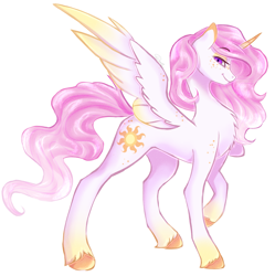 Size: 3111x3118 | Tagged: safe, artist:damayantiarts, princess celestia, alicorn, pony, g4, chest fluff, colored wings, curved horn, female, freckles, gradient hooves, gradient wings, high res, horn, looking at you, mare, pink-mane celestia, raised hoof, solo, spread wings, teenager, unshorn fetlocks, wings, young celestia, younger