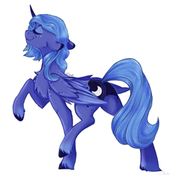 Size: 2686x2665 | Tagged: safe, artist:damayantiarts, princess luna, alicorn, pony, g4, butt, chest fluff, eyes closed, floppy ears, freckles, high res, moonbutt, plot, raised hoof, raised tail, s1 luna, short mane, simple background, smiling, solo, tail, unshorn fetlocks, white background, young luna, younger